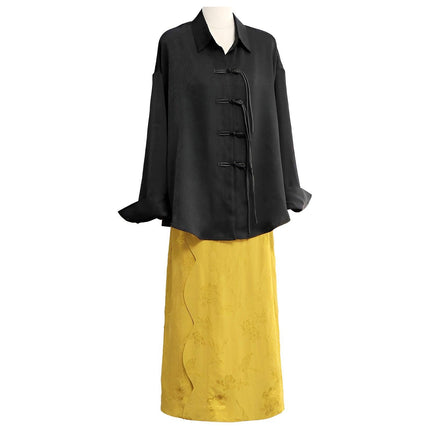 Luxury Women Jacquard Suit Chinese Style Black Shirt Fashion Skirt Set Elegant - Aimall