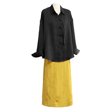 Luxury Women Jacquard Suit Chinese Style Black Shirt Fashion Skirt Set Elegant - Aimall