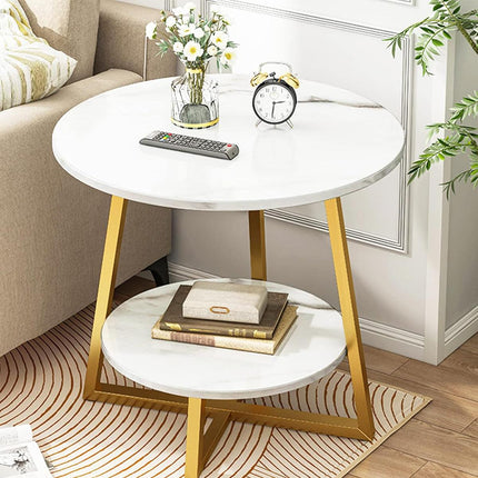 Round Side Table 2 Tier White Nightstand Coffee Sofa End Table Marble Design