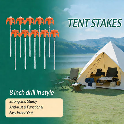 Spiral Tent Pegs 10 Pack Heavy Duty Carbon Steel Ground Stakes Screw-In 8 Inch