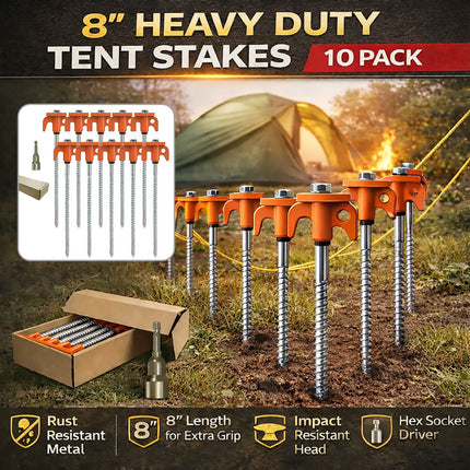 Spiral Tent Pegs 10 Pack Heavy Duty Carbon Steel Ground Stakes Screw-In 8 Inch