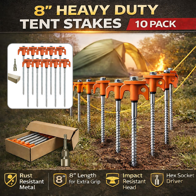 Spiral Tent Pegs 10 Pack Heavy Duty Carbon Steel Ground Stakes Screw-In 8 Inch