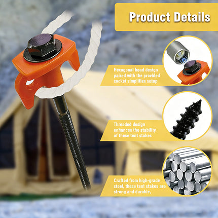 Spiral Tent Pegs 10 Pack Heavy Duty Carbon Steel Ground Stakes Screw-In 8 Inch