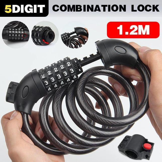Bike Bicycle Cycling Lock 5-Digit Combination Security Cable Lock 12*1200mm - Aimall