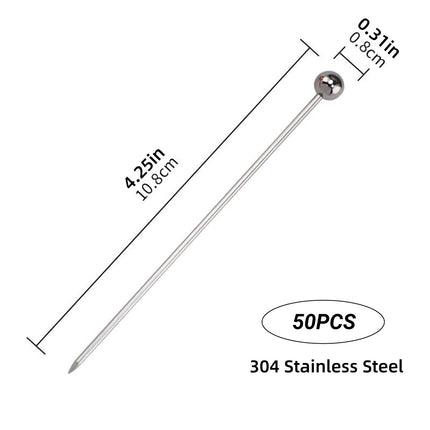 50 Piece Stainless Steel Cocktail Picks Martini Olive Fruit Sticks Ball Top