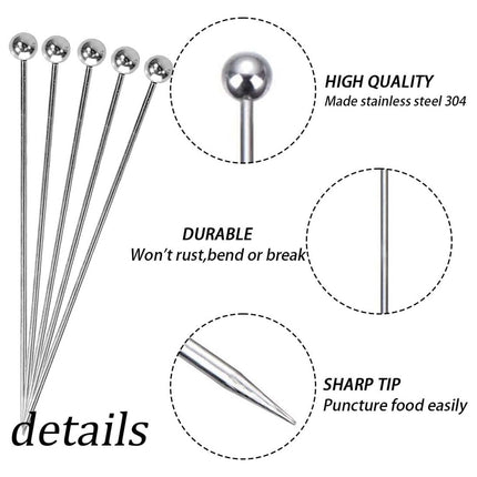 50 Piece Stainless Steel Cocktail Picks Martini Olive Fruit Sticks Ball Top