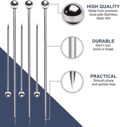 50 Piece Stainless Steel Cocktail Picks Martini Olive Fruit Sticks Ball Top