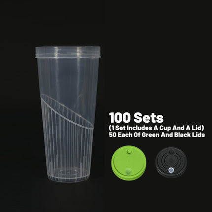 100Sets Transparent Drinking Cups with Lids 650ml 2 Colour for Party Drinks