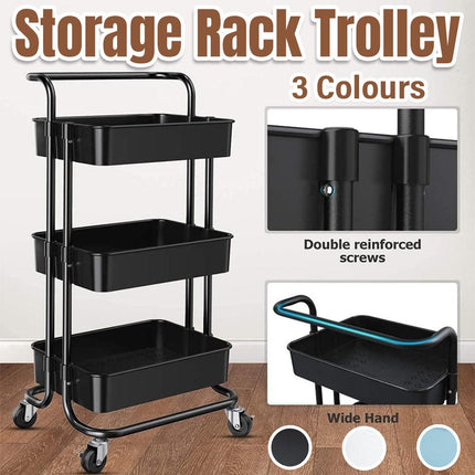 3Tier Trolley Shelf Organiser with Wheels Removable Storage Cart for Home Office