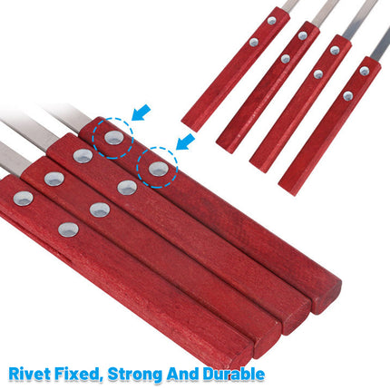 Stainless Steel BBQ Large Wooden Handle Flat Skewer Heat Resistant Easy Clean