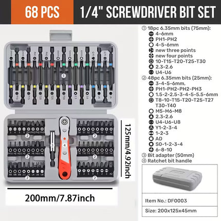 Screwdriver Bit Set 68pcs 1/4 inch 36 Tooth Mini Ratchet Multi Head Drive Kit