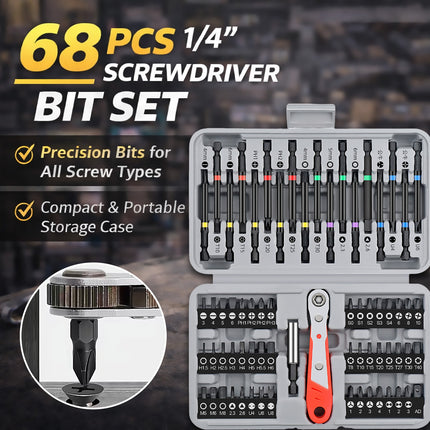 Screwdriver Bit Set 68pcs 1/4 inch 36 Tooth Mini Ratchet Multi Head Drive Kit