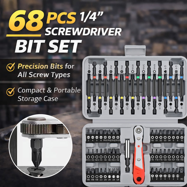 Screwdriver Bit Set 68pcs 1/4 inch 36 Tooth Mini Ratchet Multi Head Drive Kit