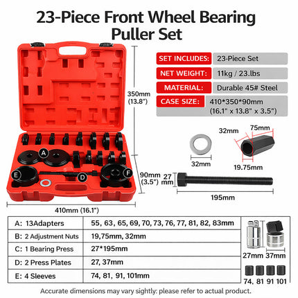 23pcs Automotive Heavy Duty Front Hub Bearing Race Service Kit Repair Set Tool