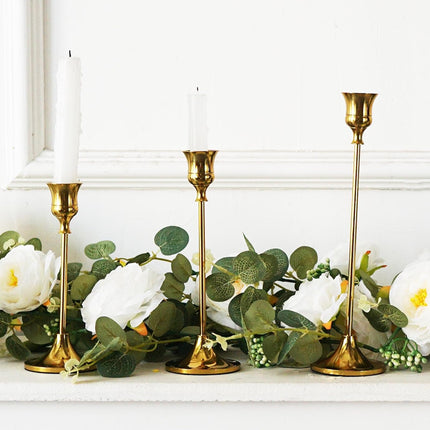 3 Pcs Vintage Candlesticks Set in Gold Metal with Different Heights