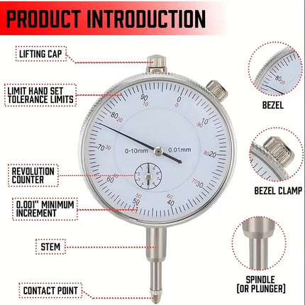 Dial Indicator Gauge Set 0-10mm Magnetic Base Test Precision Measurement Use