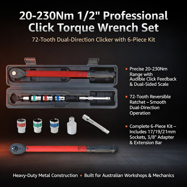 1/2 inch Click Torque Wrench Set 6pcs 20-230Nm 72 Tooth Reversible Socket