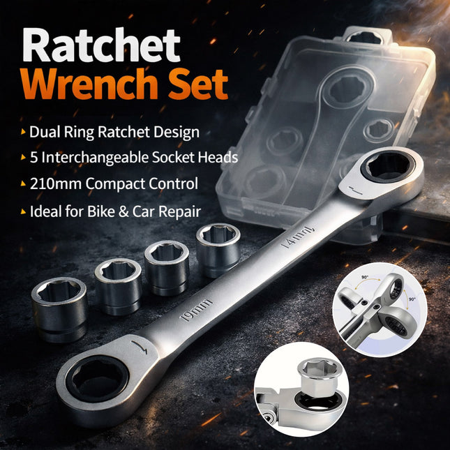 Ratchet Wrench Socket Set 6pcs Dual Ring 72 Tooth Chrome Vanadium Bike Car