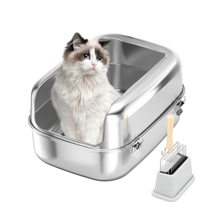Cat Litter Box Open Design Stainless Steel Large Easy Clean Pet Toilet Tray