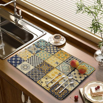 Kitchen Drain Mat Absorbent Polyester Non-Slip Back Tile Pattern