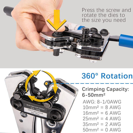 Heavy Duty Cable Lug Crimping Tool Wire Terminal Crimper 360 Rotating Dies