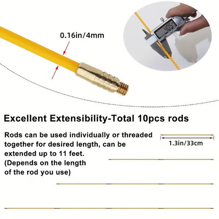 Fiberglass Conduit Wire Puller Kit 10 Rods Fish Tape Electrician Cable Running