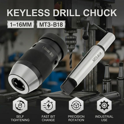 Self Tightening Keyless Drill Chuck MT3 B18 Arbor High Precision Industrial