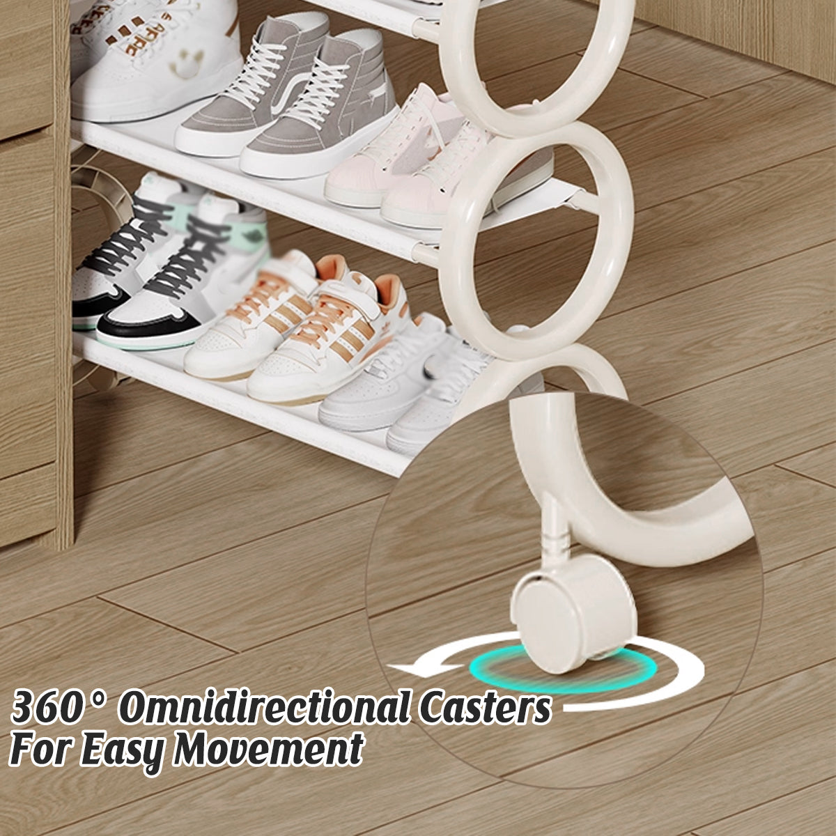 Moveable Shoe Rack 4 Tier Movable Shoe Rack with Wheels White Metal Entryway | Aimall