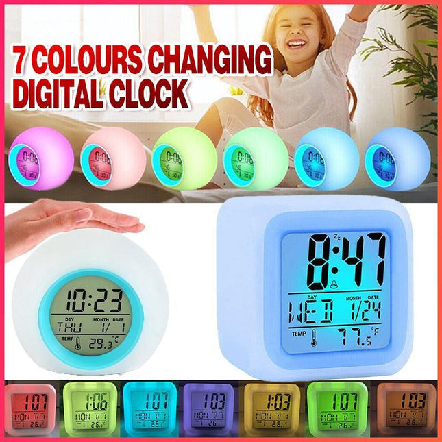 7 Colours Changing Digital Clock Temperature Light Cube Desk Kids Wake Up Alarm - Aimall