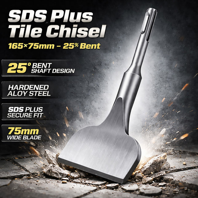 75mm Wide SDS Plus Tile Chisel 25 Degree Bent Shaft for Concrete Masonry Removal