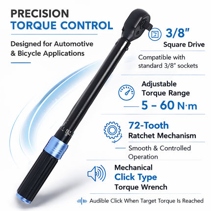 Adjustable Torque Wrench 72 Tooth Ratchet Automotive Bicycle Mechanic Tool