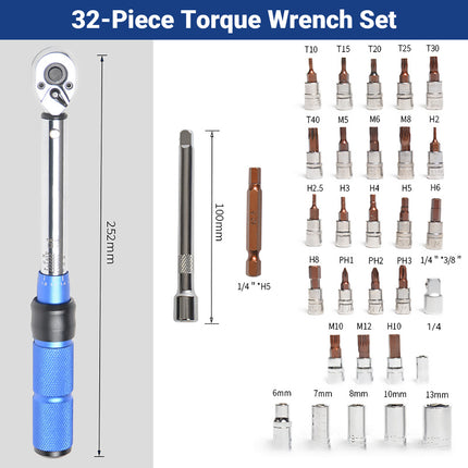 32 Piece Torque Wrench Set Sockets Bits Chrome Vanadium Automotive Mechanic Kit