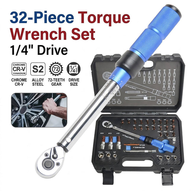 32 Piece Torque Wrench Set Sockets Bits Chrome Vanadium Automotive Mechanic Kit