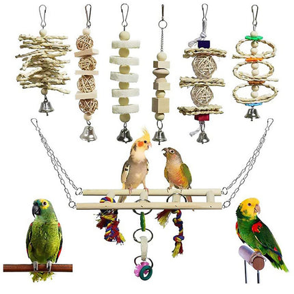 7PCS Parrot Bird Toy Set Natural Wooden Chew Cage Hanging Swing Boredom Relief