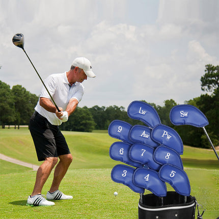 Blue Golf Club Head Covers Set PU Leather 12pcs Iron Protector Case Accessories