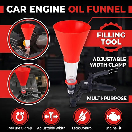 Car Engine Oil Filling Funnel with Hands Free Clamp and Clear Tube Universal
