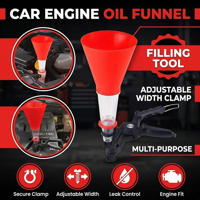 Car Engine Oil Filling Funnel with Hands Free Clamp and Clear Tube Universal