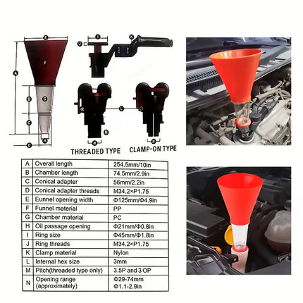 Car Engine Oil Filling Funnel with Hands Free Clamp and Clear Tube Universal