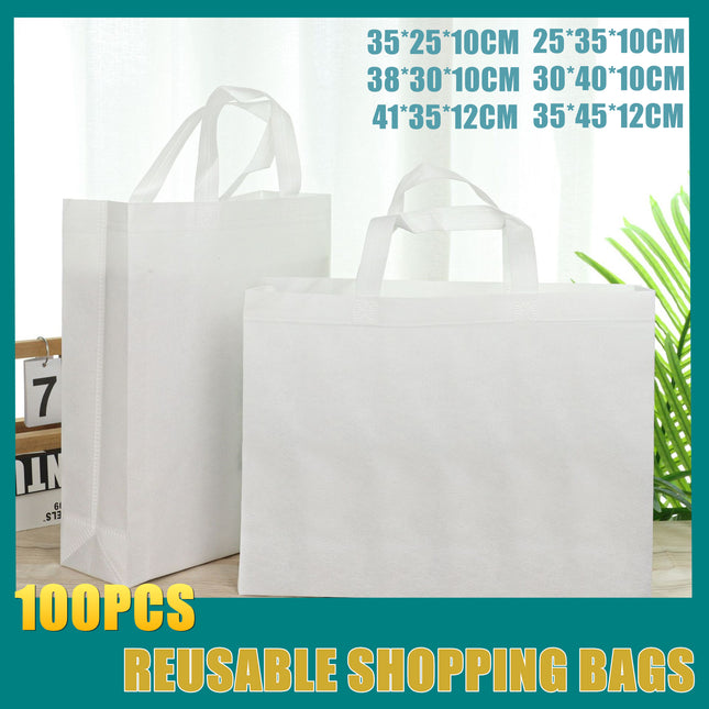 100PCS Reusable Non Woven Shopping Bags Eco Friendly Washable Tote Bags White