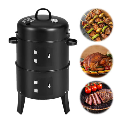 3in1 Portable Charcoal Vertical Smoker BBQ Roaster Grill Steel Water Steamer