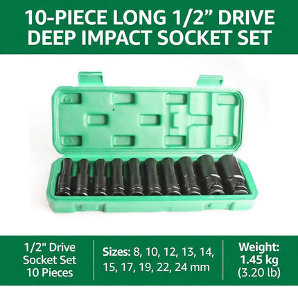 10 Piece Impact Socket Set Half Inch Drive 8 to 24mm CR V Steel Deep Sockets