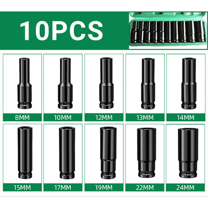 10 Piece Impact Socket Set Half Inch Drive 8 to 24mm CR V Steel Deep Sockets