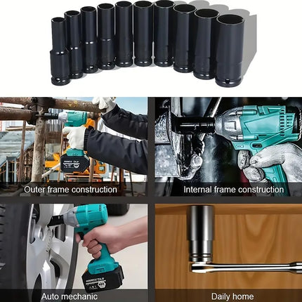 10 Piece Impact Socket Set Half Inch Drive 8 to 24mm CR V Steel Deep Sockets