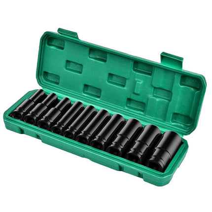 10 Piece Impact Socket Set Half Inch Drive 8 to 24mm CR V Steel Deep Sockets