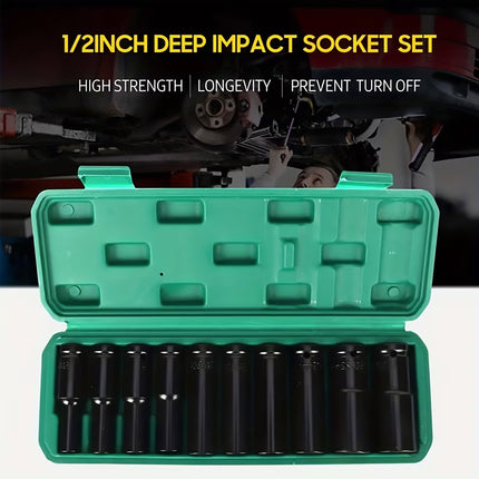 10 Piece Impact Socket Set Half Inch Drive 8 to 24mm CR V Steel Deep Sockets