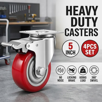 Set of 4 Heavy Duty 5 Inch Swivel Caster Wheels with Locking Brake 600kg Load