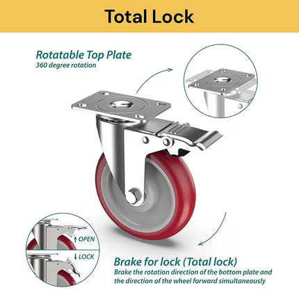 Set of 4 Heavy Duty 5 Inch Swivel Caster Wheels with Locking Brake 600kg Load