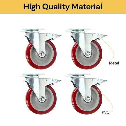 Set of 4 Heavy Duty 5 Inch Swivel Caster Wheels with Locking Brake 600kg Load