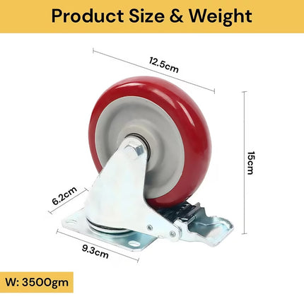 Set of 4 Heavy Duty 5 Inch Swivel Caster Wheels with Locking Brake 600kg Load