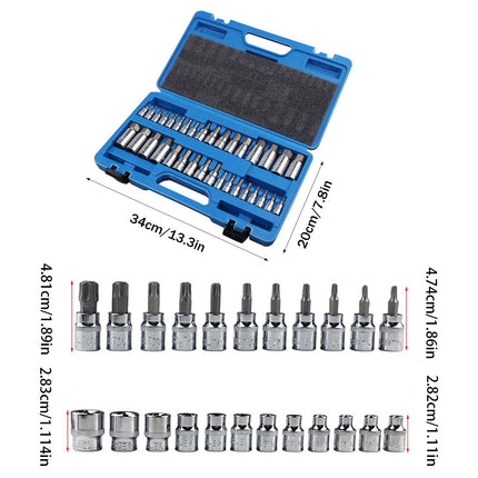 34 Piece Bit Socket Set Hex Torx Spline Chrome Vanadium Steel Mechanic Tool Case